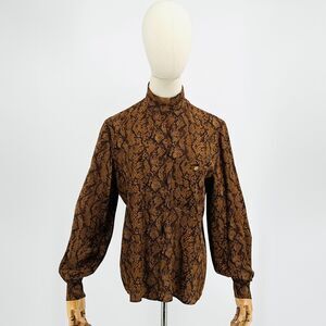 80s Maggy London Brown High Neck Snake Skin Print 100% SILK Blouse Gold Buttons
